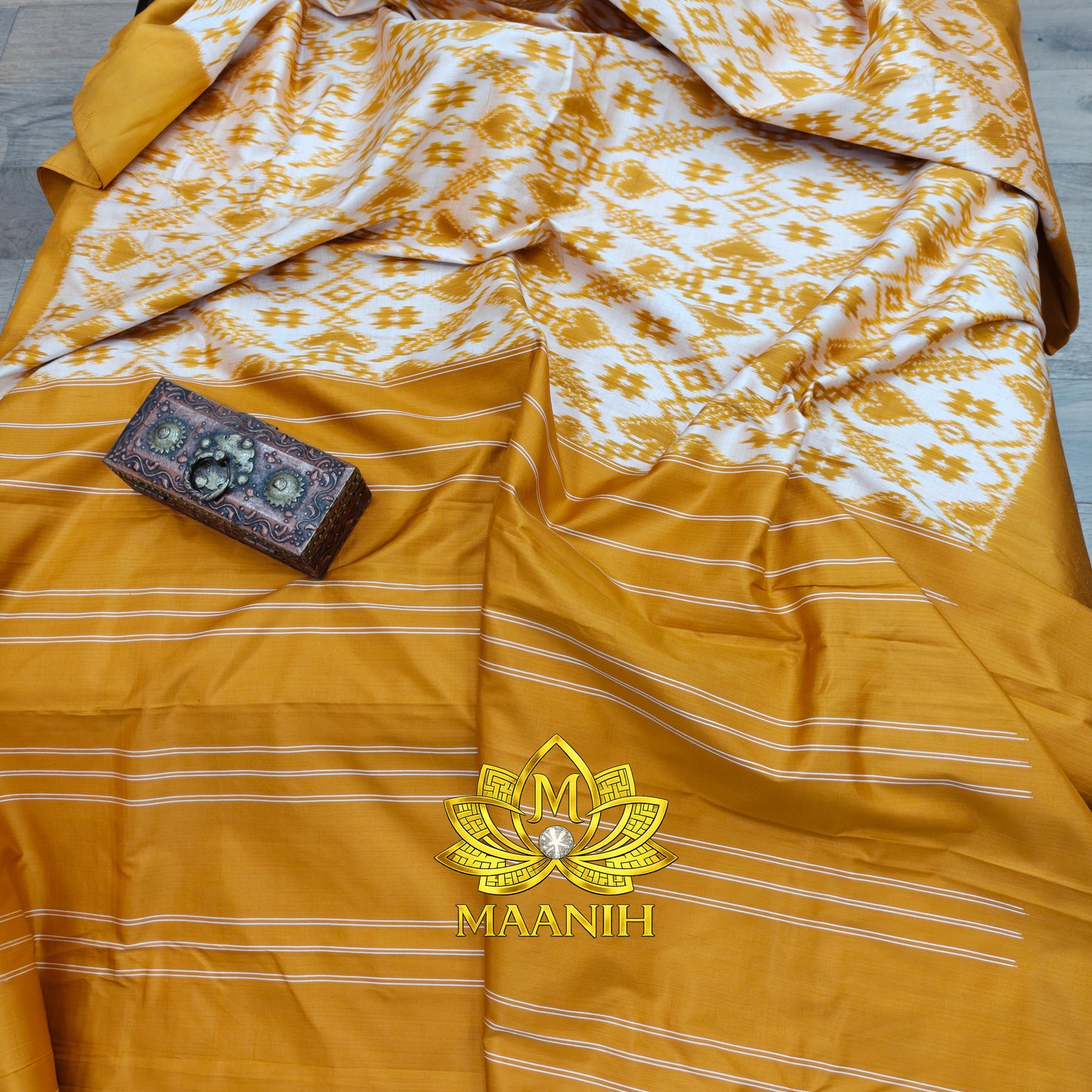 Mustard Gold & Ivory White Pochampally Ikat Pure Silk Saree | Handwoven Telangana Silk | Maanih Weaves