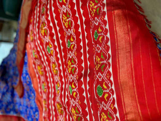 Royal Blue & Red Handwoven Twill Ikat Silk Saree | Authentic Indian Heritage