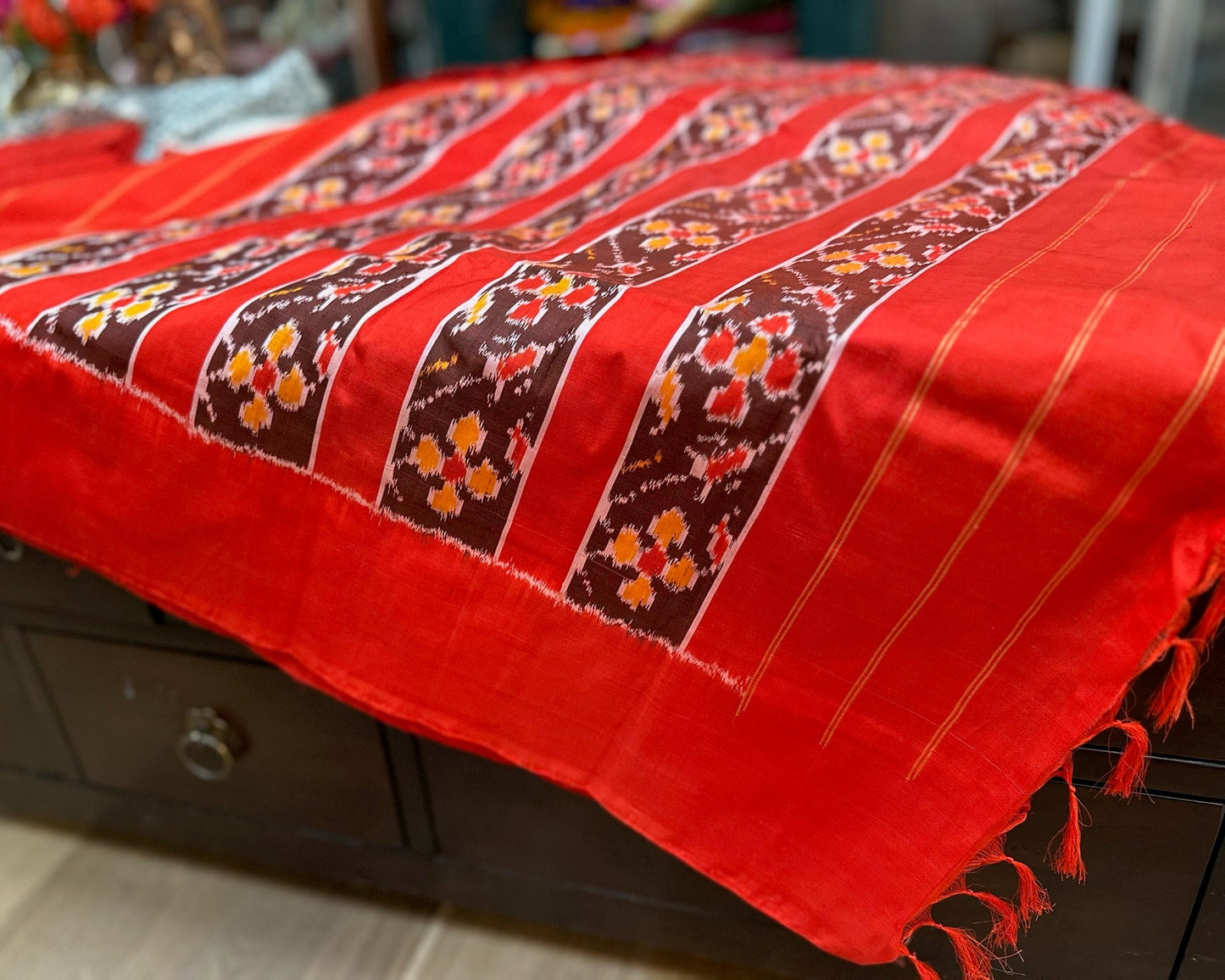 Pochampally Crimson Red & Ivory Ikat Silk Double Weave Saree