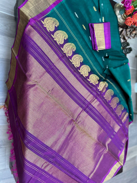 Emerald Teal & Royal Violet Gadwal Pure Silk Pattu Saree