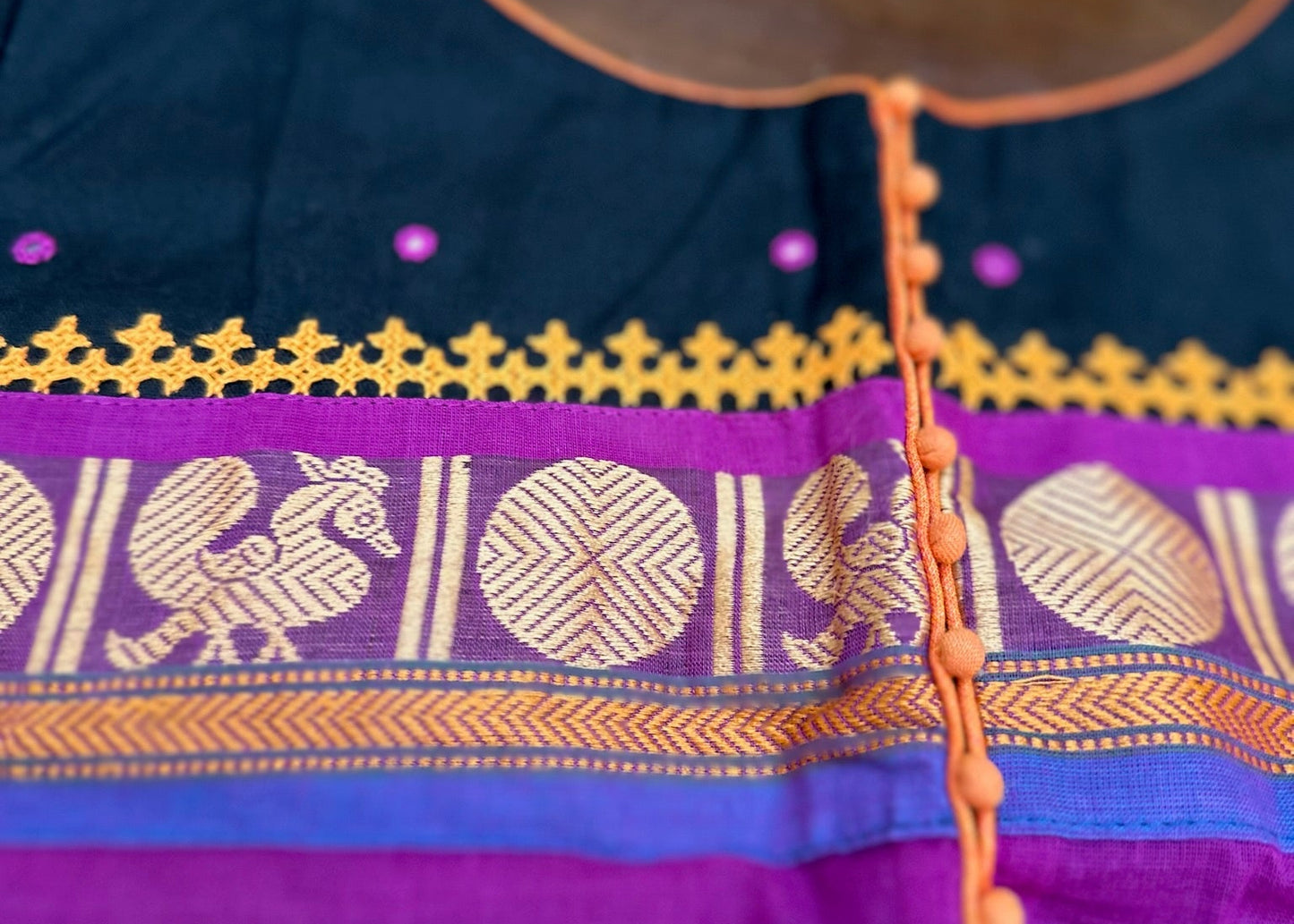 Handloom Artisan Cotton Blouse with Traditional Woven Artwork Border
