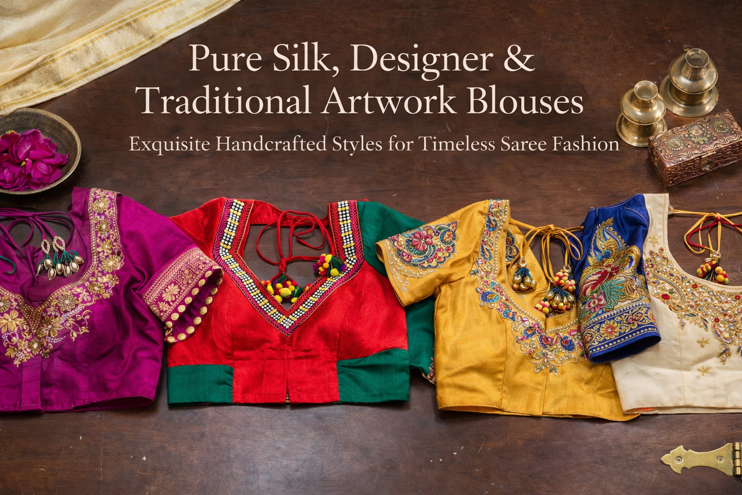 Pure silk, designer and traditional artwork blouses handcrafted for Indian sarees