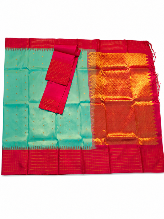 Aqua Blue Gadwal Pure Silk Saree with Rani Pink Zari Border & Grand Gold Brocade Pallu