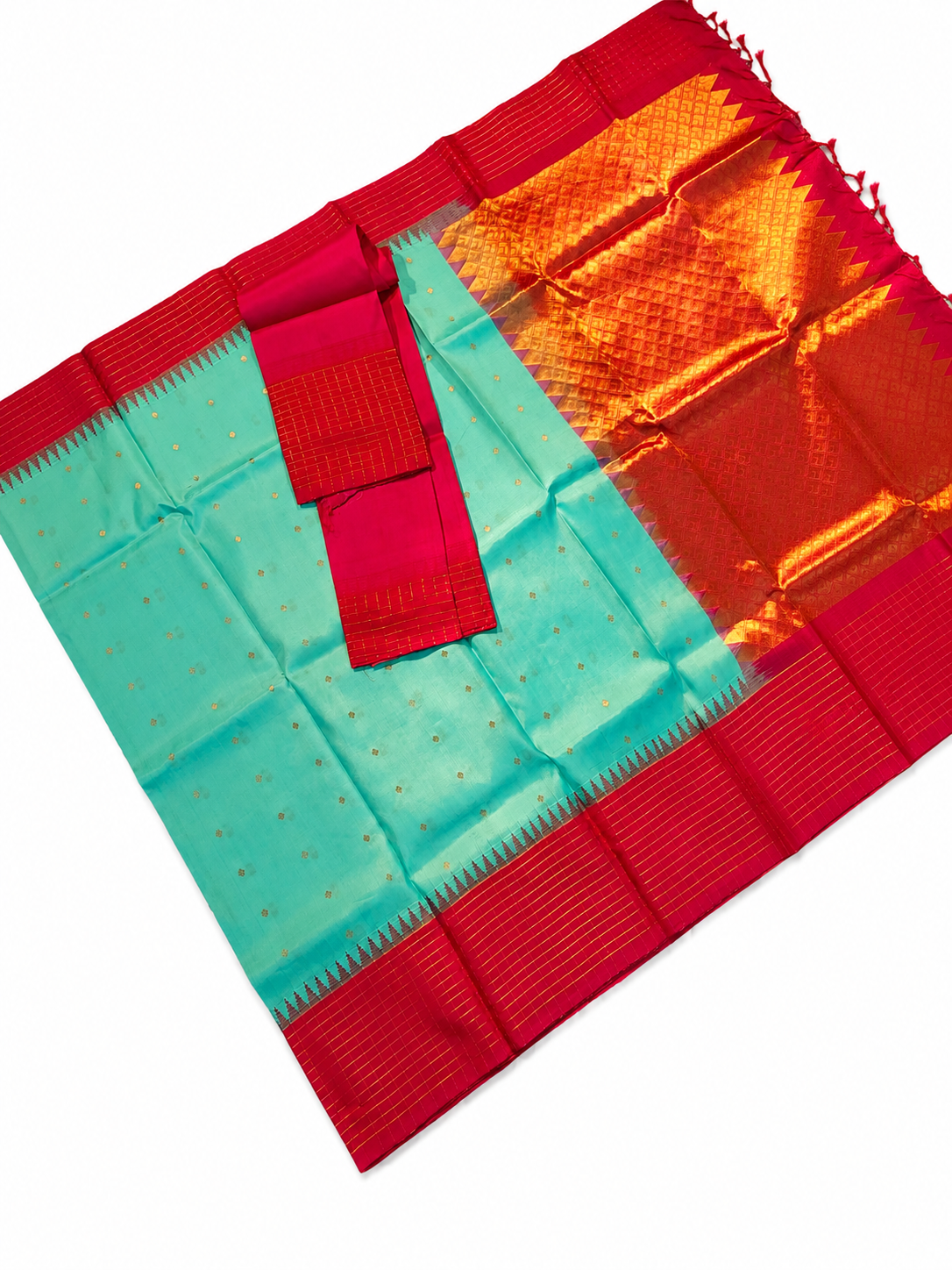 Aqua Blue Gadwal Pure Silk Saree with Rani Pink Zari Border & Grand Gold Brocade Pallu