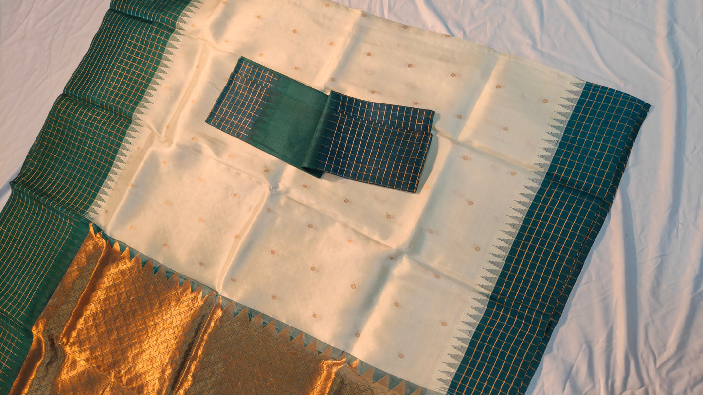Rajatara Ivory White Gadwal Pure Silk Saree with Peacock Green Checked Border