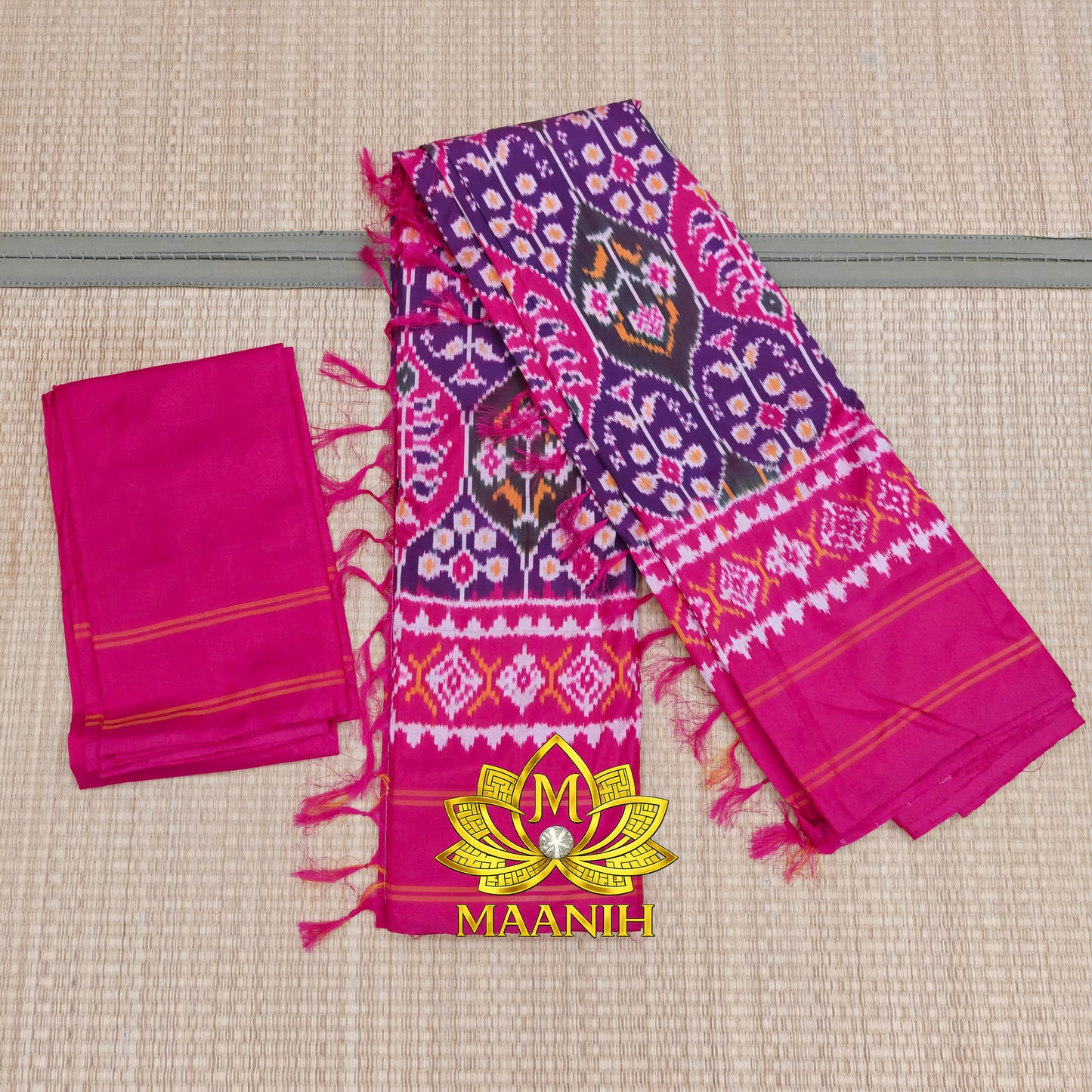 Royal Purple & Rani Pink Pochampally Ikat Pure Silk Saree | Handwoven Telia Ikat Silk Saree | Maanih Weaves