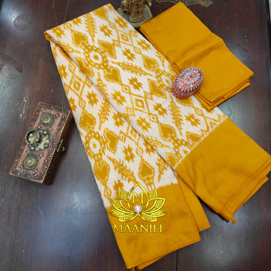 Mustard Gold & Ivory White Pochampally Ikat Pure Silk Saree | Handwoven Telangana Silk | Maanih Weaves
