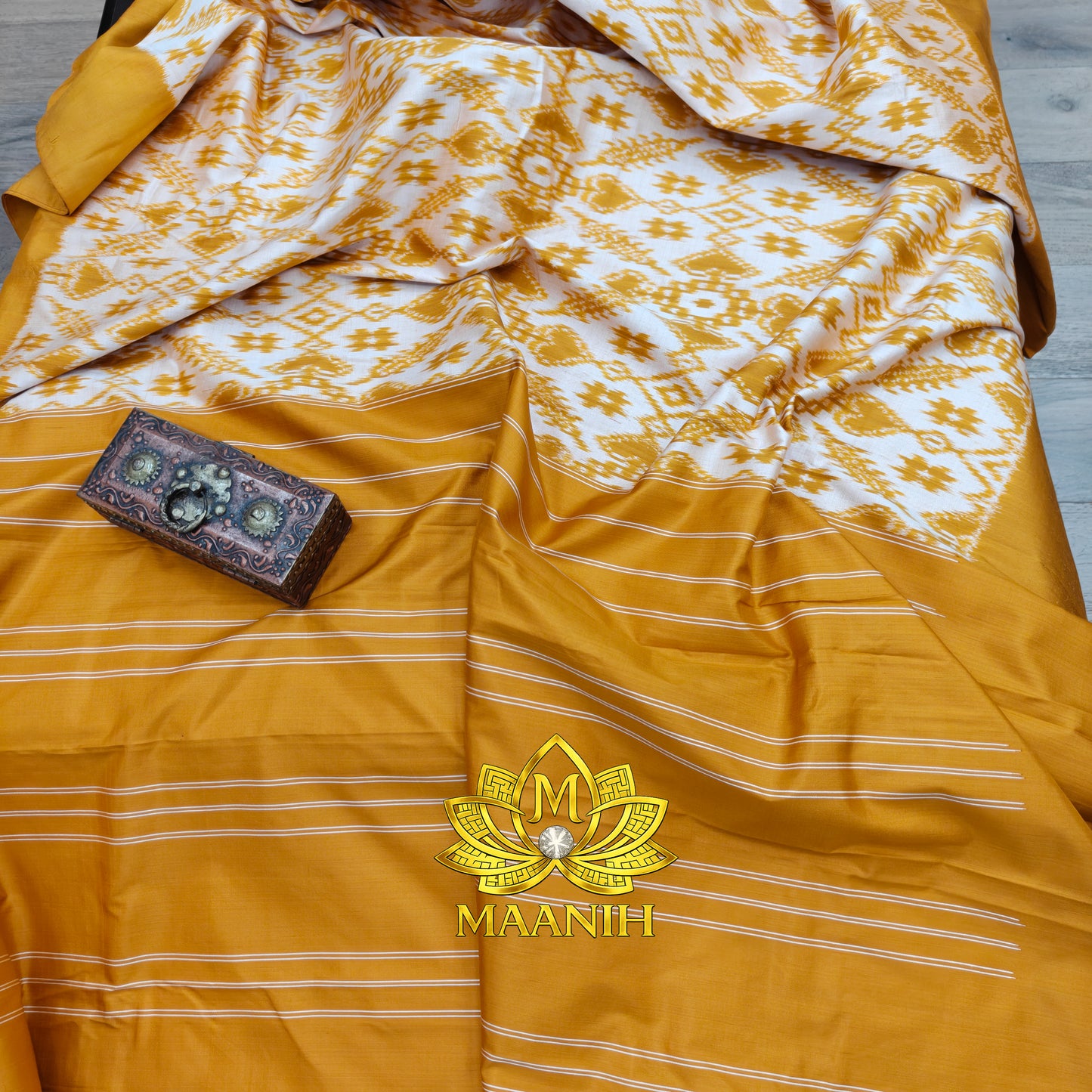 Mustard Gold & Ivory White Pochampally Ikat Pure Silk Saree | Handwoven Telangana Silk | Maanih Weaves