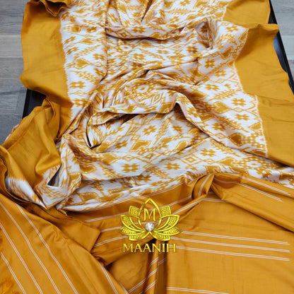 Mustard Gold & Ivory White Pochampally Ikat Pure Silk Saree | Handwoven Telangana Silk | Maanih Weaves