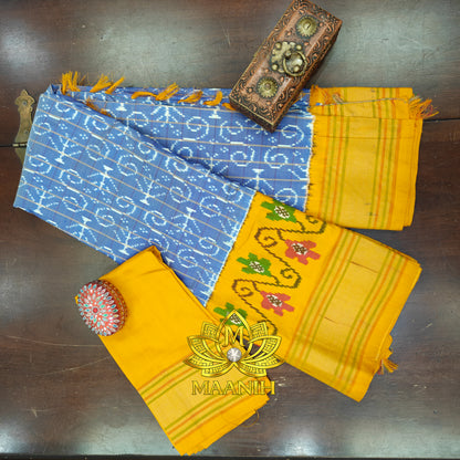 Dusty Sky Blue & Mustard Yellow Pochampally Ikat Pure Silk Saree | Handwoven Telangana Silk