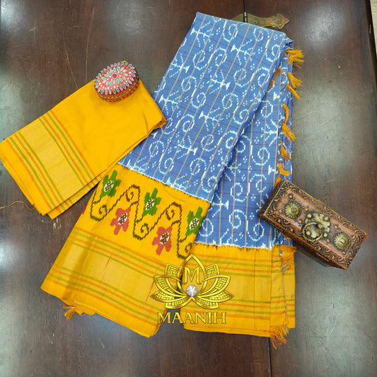 Dusty Sky Blue & Mustard Yellow Pochampally Ikat Pure Silk Saree | Handwoven Telangana Silk