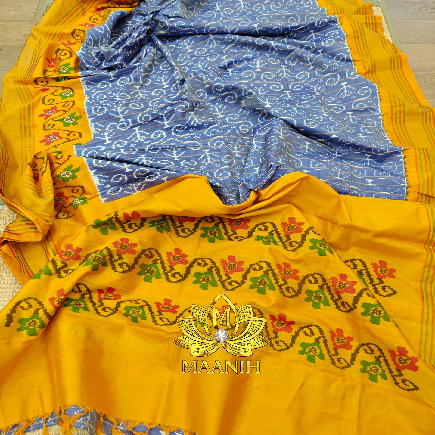 Dusty Sky Blue & Mustard Yellow Pochampally Ikat Pure Silk Saree | Handwoven Telangana Silk