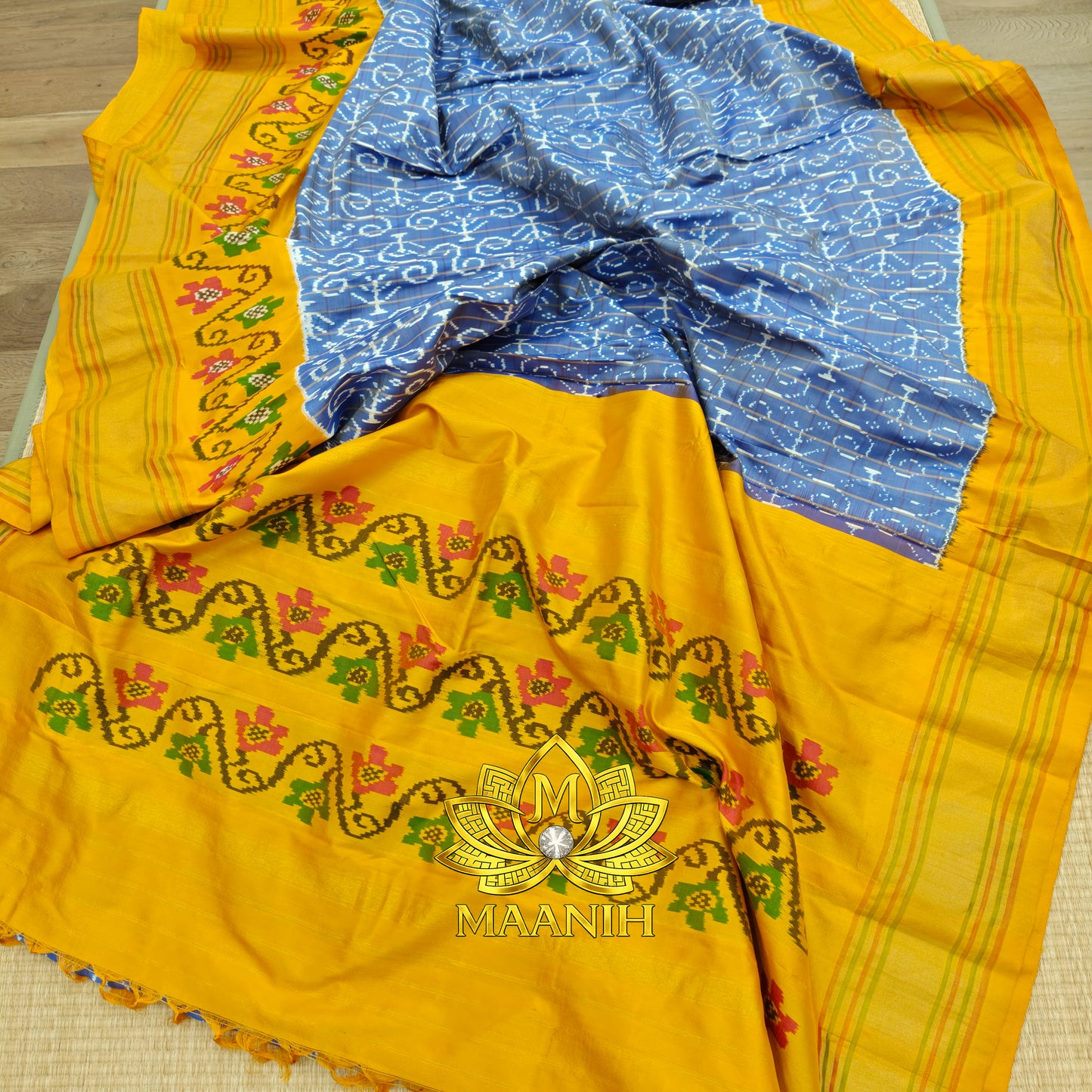 Dusty Sky Blue & Mustard Yellow Pochampally Ikat Pure Silk Saree | Handwoven Telangana Silk