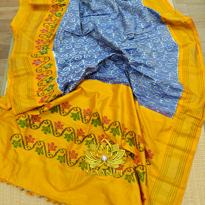 Dusty Sky Blue & Mustard Yellow Pochampally Ikat Pure Silk Saree | Handwoven Telangana Silk