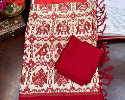Pochampally Twill Ikat Silk Saree – Handwoven in Maroon & Beige