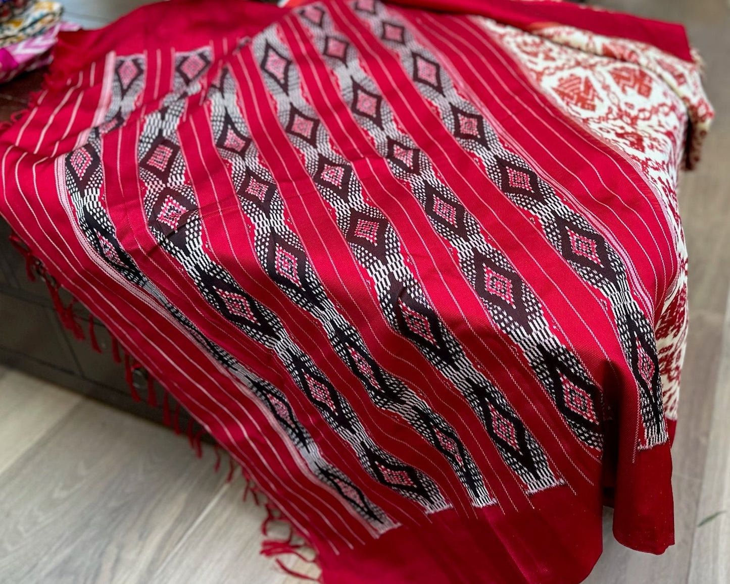 Pochampally Twill Ikat Silk Saree – Handwoven in Maroon & Beige