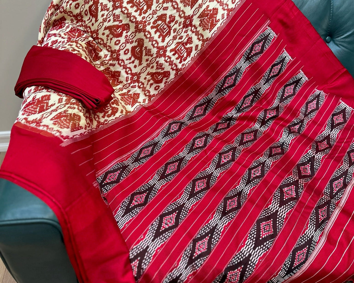 Pochampally Twill Ikat Silk Saree – Handwoven in Maroon & Beige