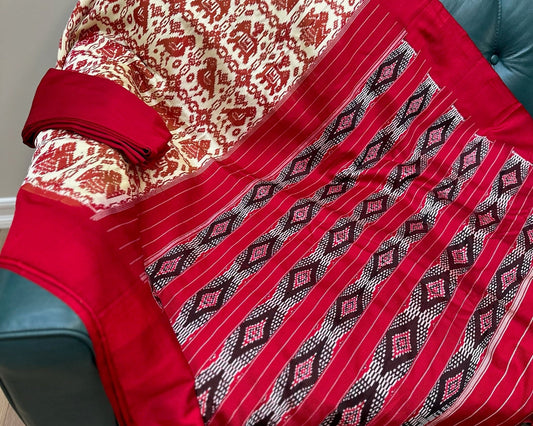 Pochampally Twill Ikat Silk Saree – Handwoven in Maroon & Beige