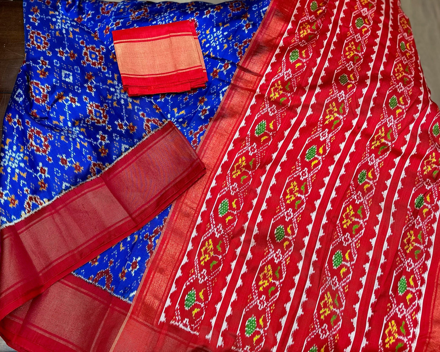 Royal Blue & Red Handwoven Twill Ikat Silk Saree | Authentic Indian Heritage