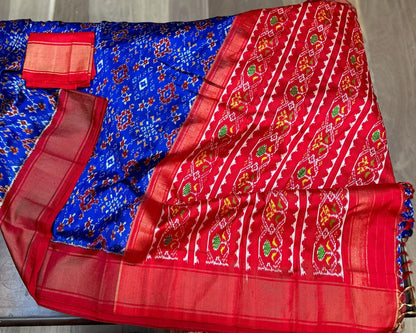 Royal Blue & Red Handwoven Twill Ikat Silk Saree | Authentic Indian Heritage