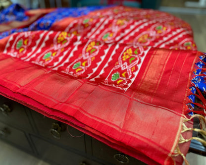 Royal Blue & Red Handwoven Twill Ikat Silk Saree | Authentic Indian Heritage