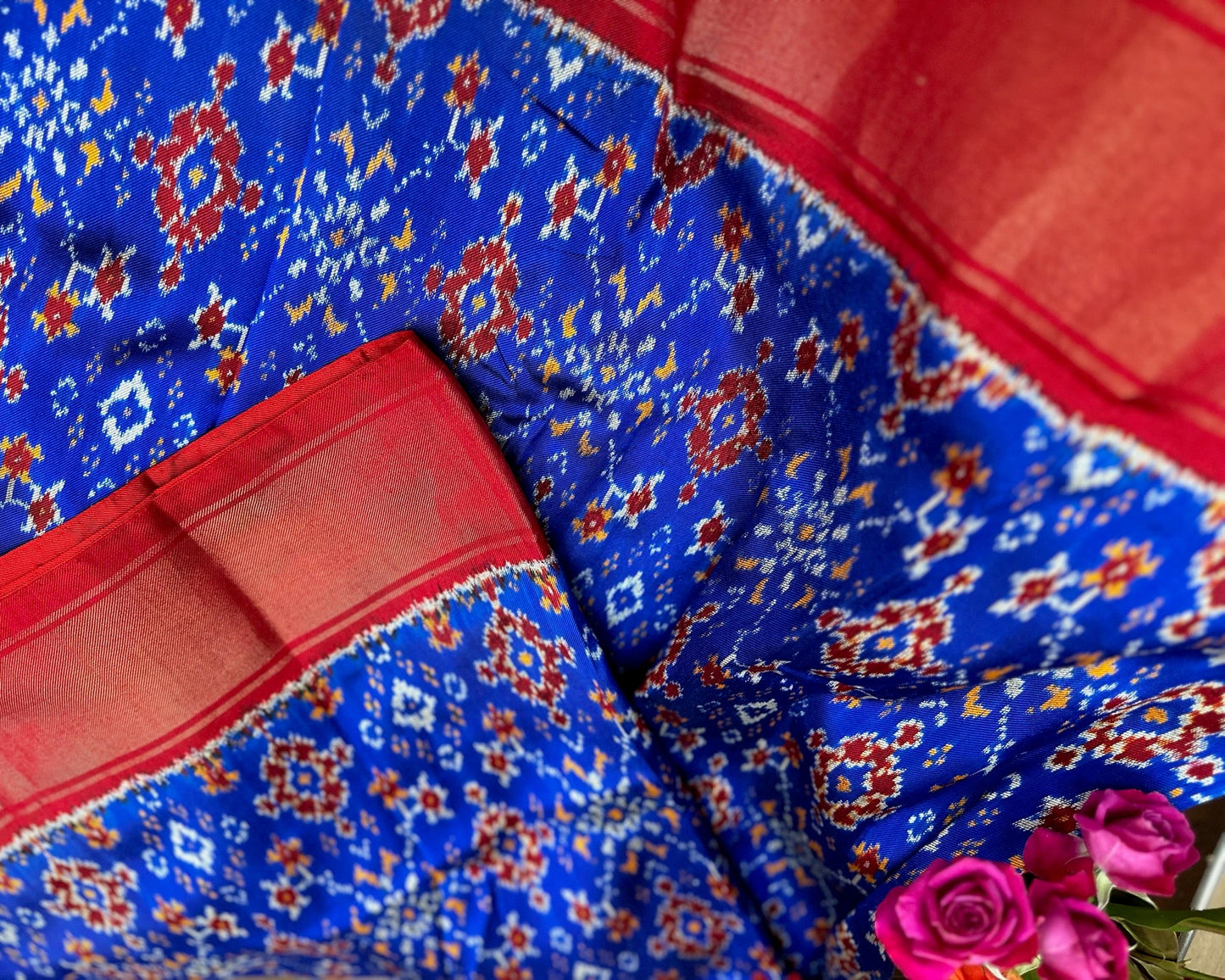 Royal Blue & Red Handwoven Twill Ikat Silk Saree | Authentic Indian Heritage
