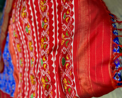 Royal Blue & Red Handwoven Twill Ikat Silk Saree | Authentic Indian Heritage