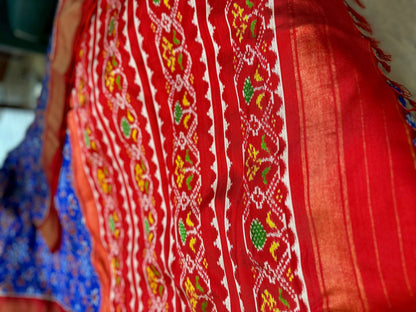 Royal Blue & Red Handwoven Twill Ikat Silk Saree | Authentic Indian Heritage