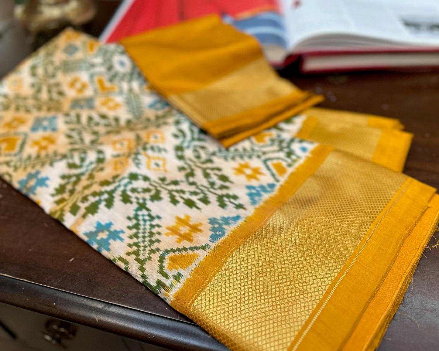 Mustard & Olive Ikat Silk Double Weave Saree