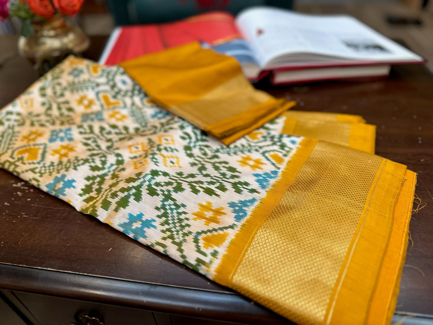 Mustard & Olive Ikat Silk Double Weave Saree