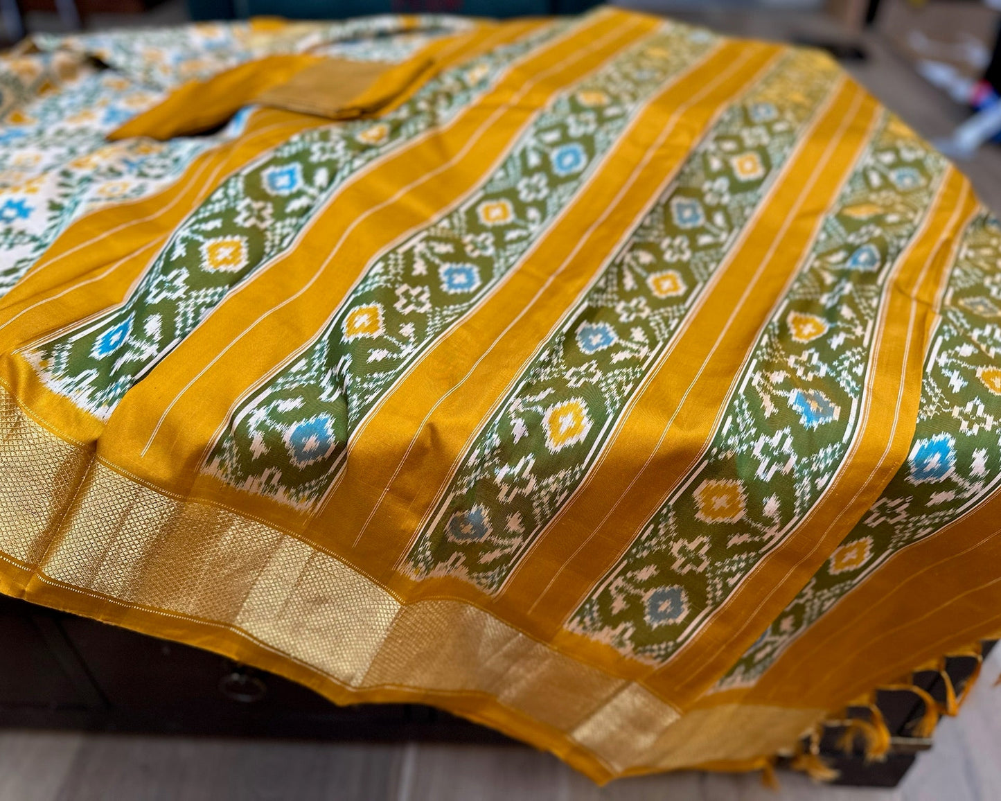 Mustard & Olive Ikat Silk Double Weave Saree