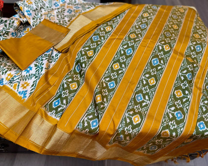 Mustard & Olive Ikat Silk Double Weave Saree
