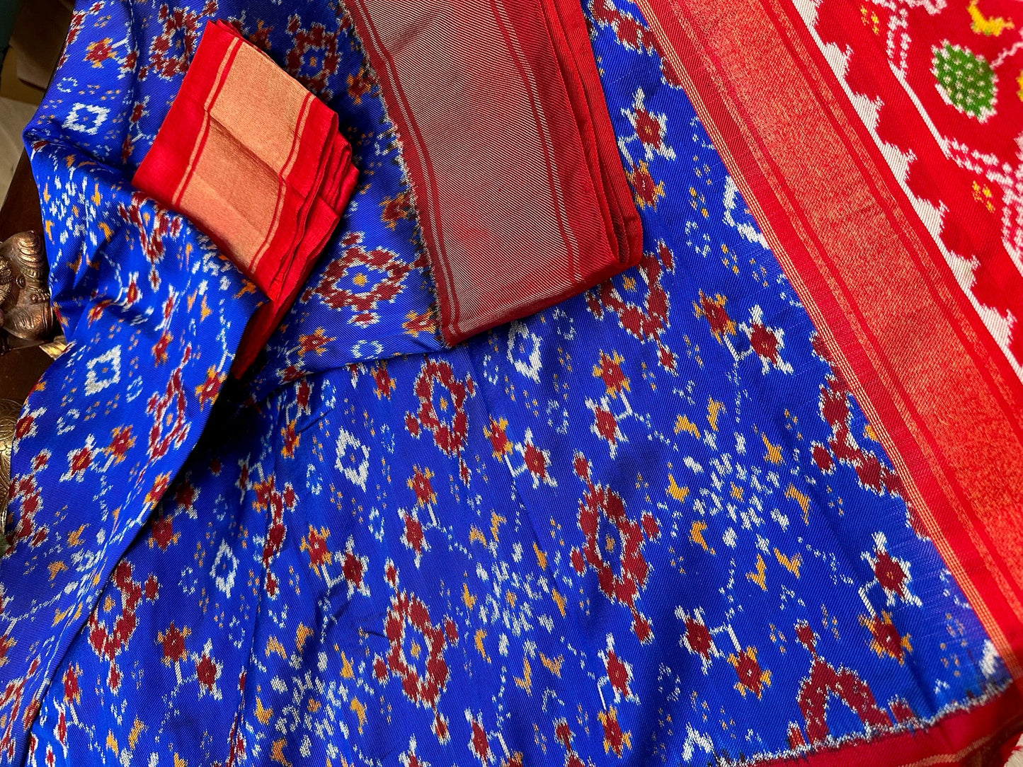 Royal Blue & Red Handwoven Twill Ikat Silk Saree | Authentic Indian Heritage