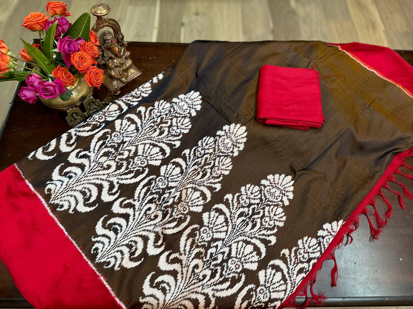 Pochampally Crimson Red & Ivory Ikat Silk Double Weave Saree