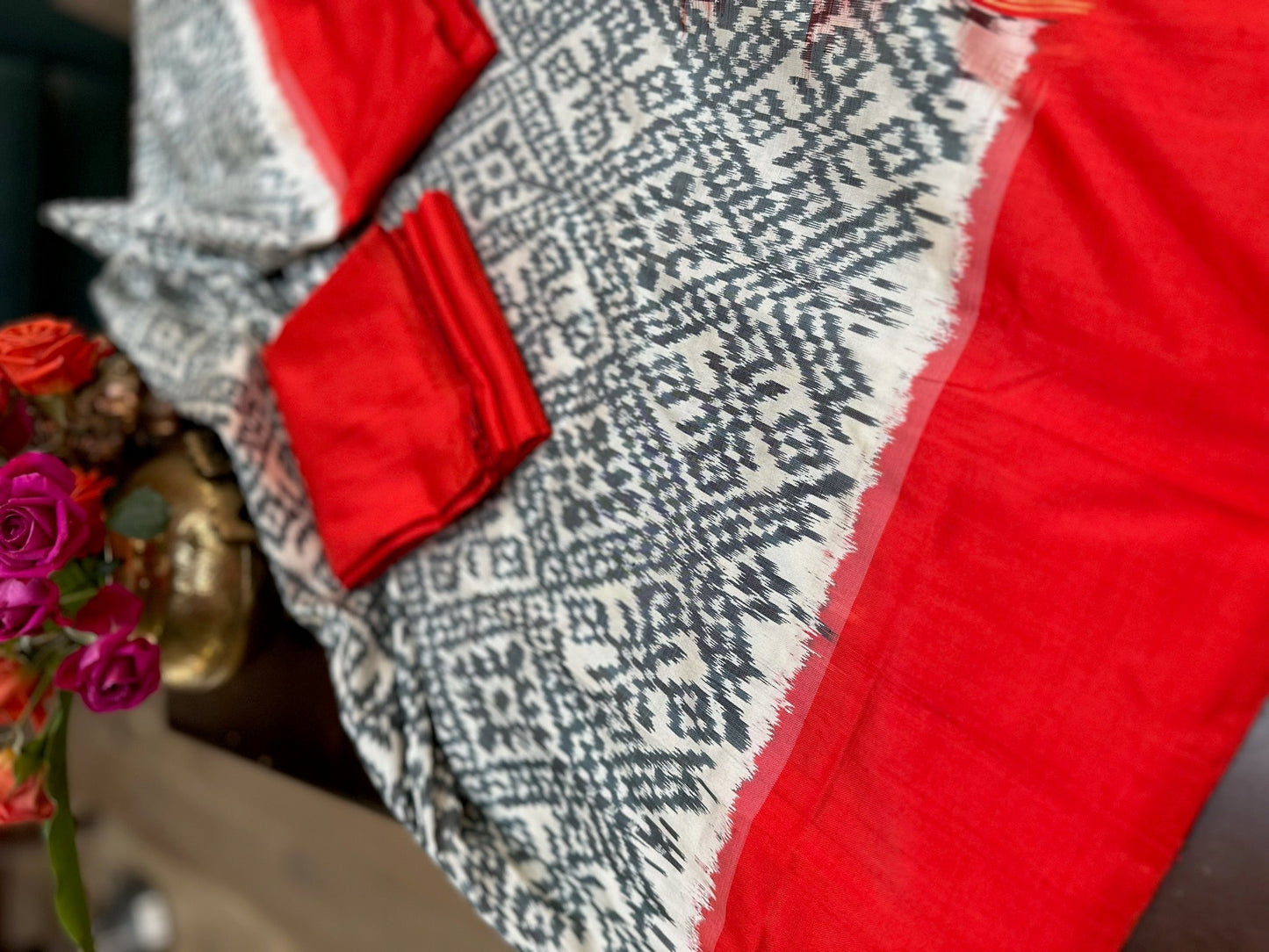 Pochampally Crimson Red & Ivory Ikat Silk Double Weave Saree