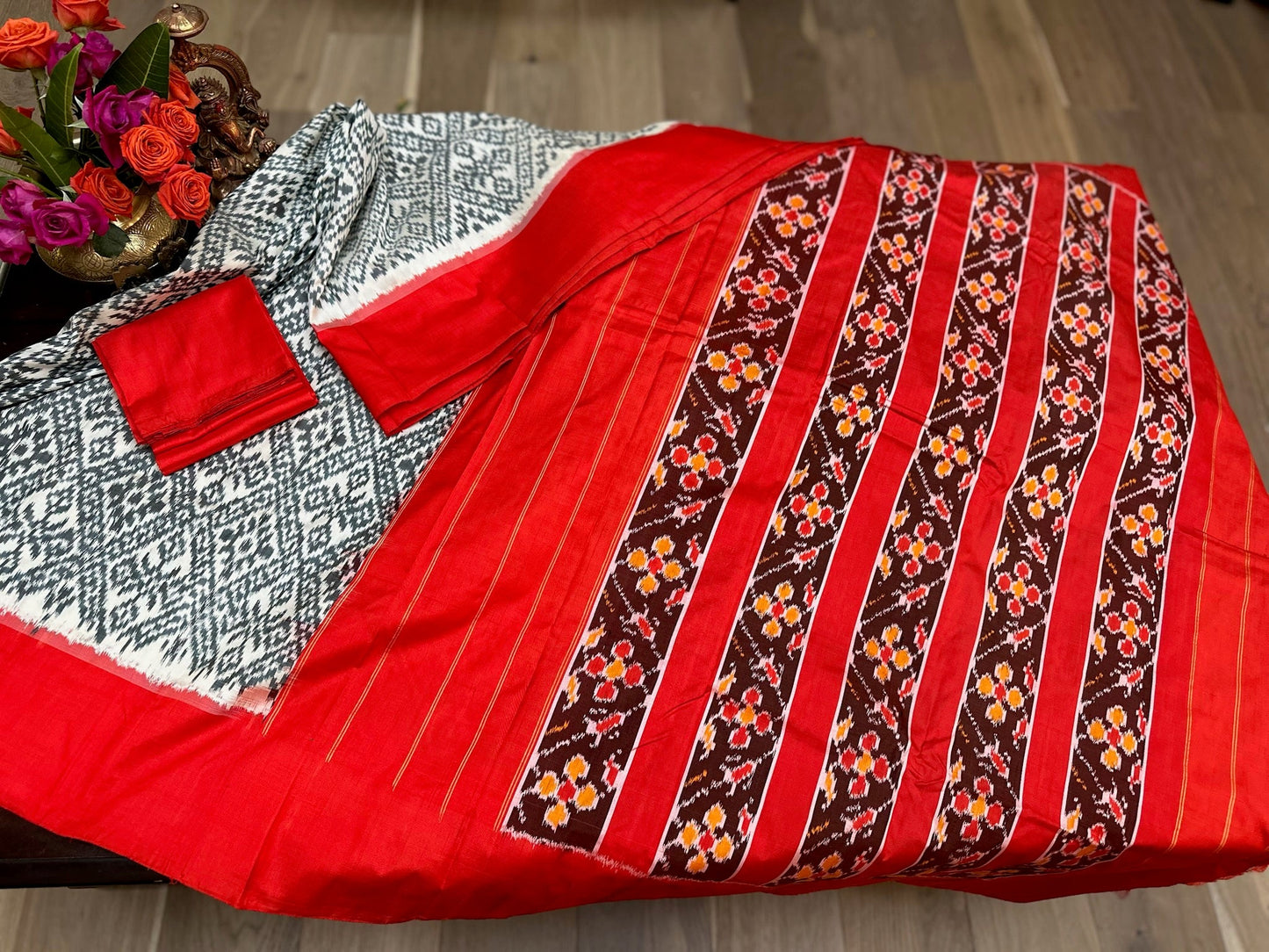 Pochampally Crimson Red & Ivory Ikat Silk Double Weave Saree