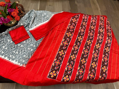 Pochampally Crimson Red & Ivory Ikat Silk Double Weave Saree