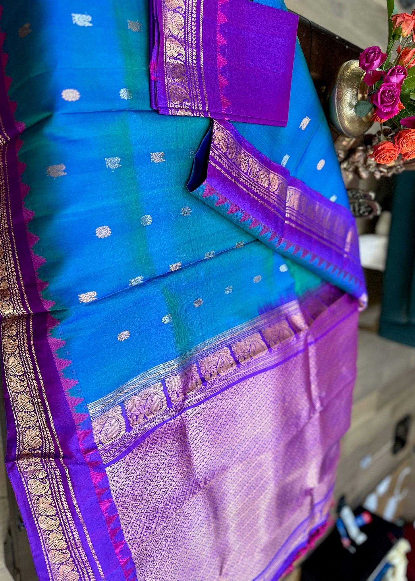 Royal Teal & Amethyst Gadwal Pure Silk Pattu Saree