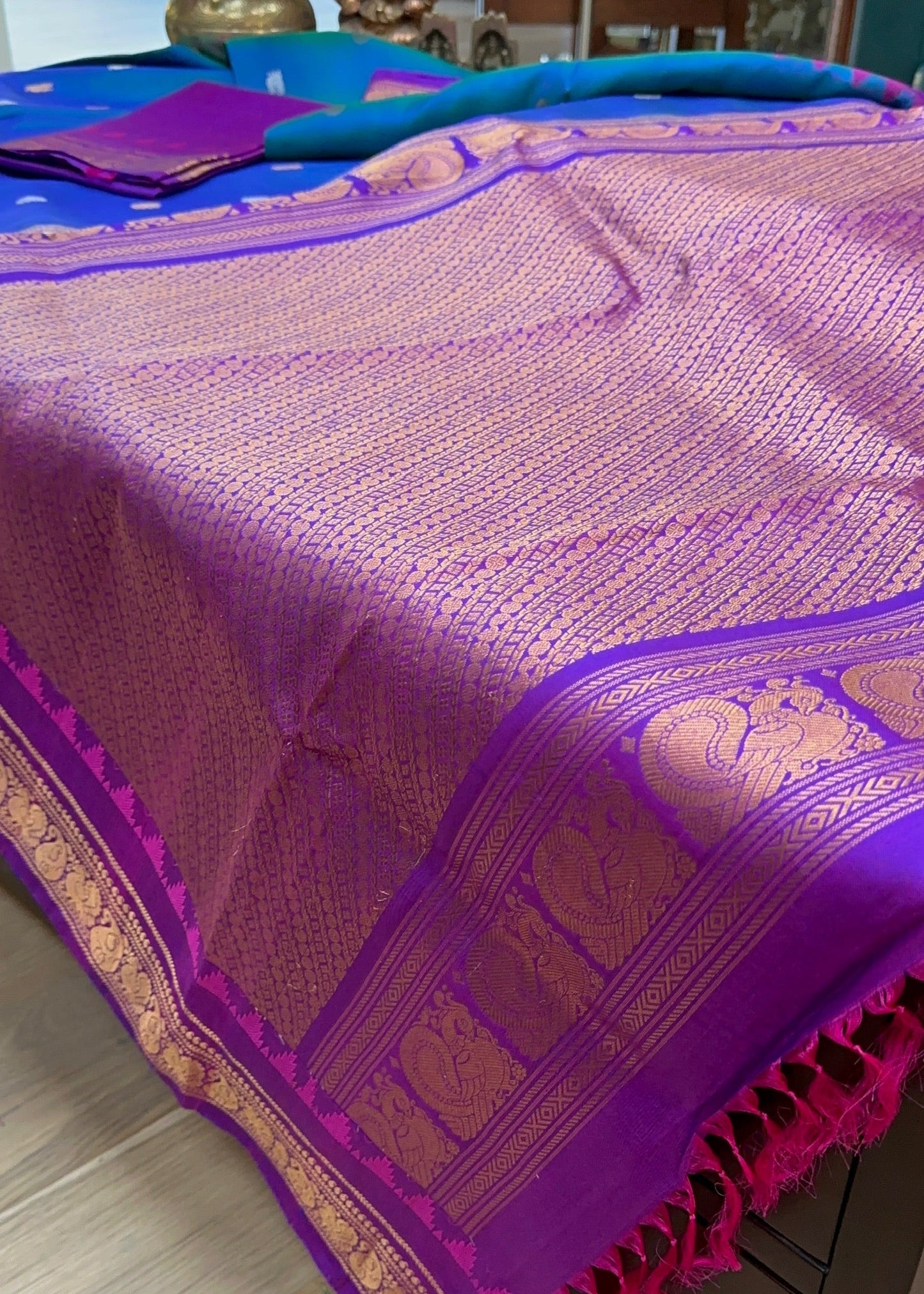 Royal Teal & Amethyst Gadwal Pure Silk Pattu Saree