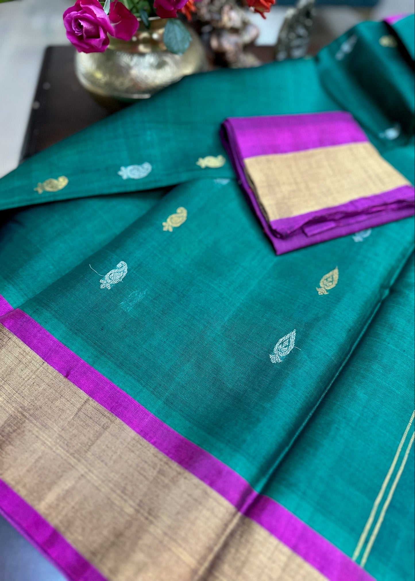 Emerald Teal & Royal Violet Gadwal SICO Saree