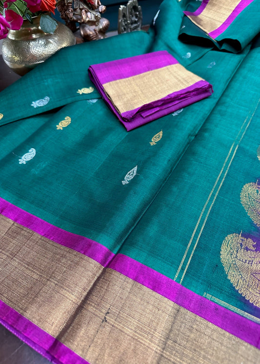 Emerald Teal & Royal Violet Gadwal Pure Silk Pattu Saree
