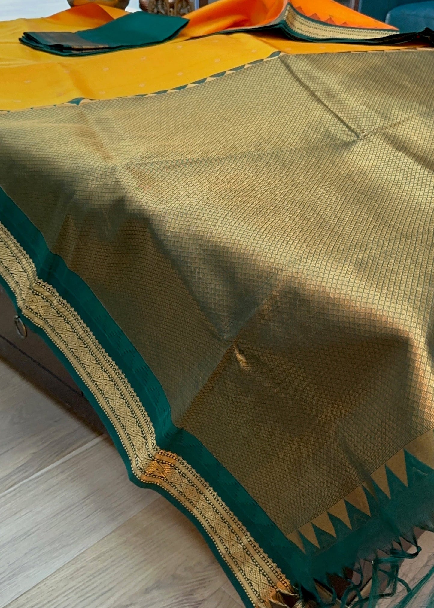 Sunlit Mustard & Emerald Gadwal Pure Silk Pattu Saree