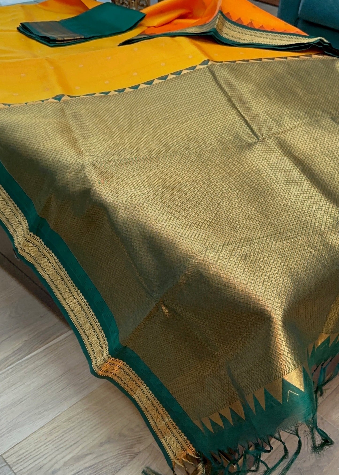 Sunlit Mustard & Emerald Gadwal Pure Silk Pattu Saree