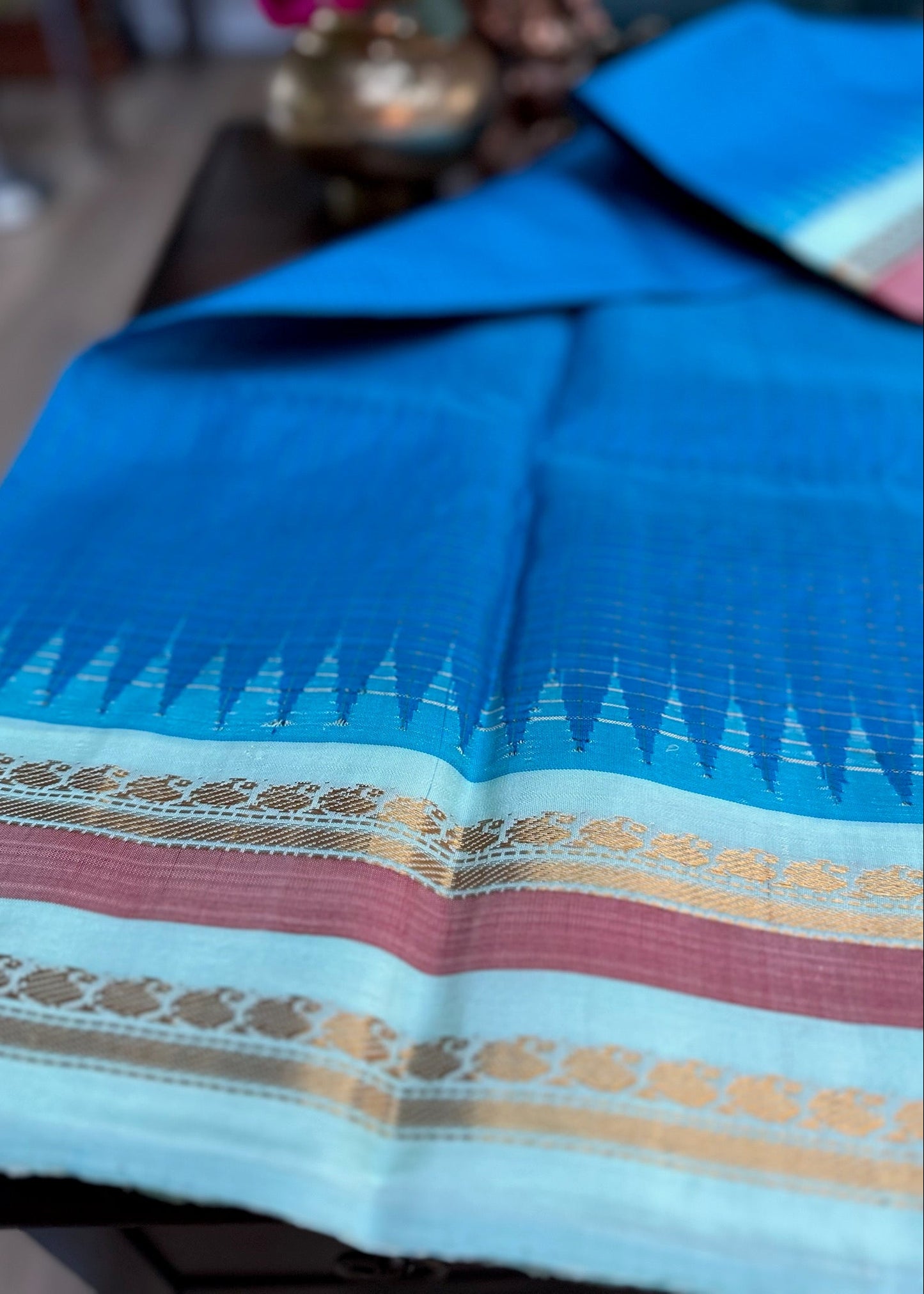 Celadon Blue Gadwal Pure Silk Pattu Saree with Rose Zari Borders