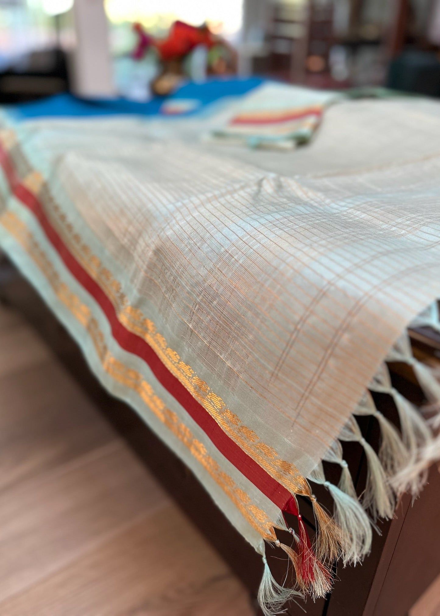Celadon Blue Gadwal Pure Silk Pattu Saree with Rose Zari Borders
