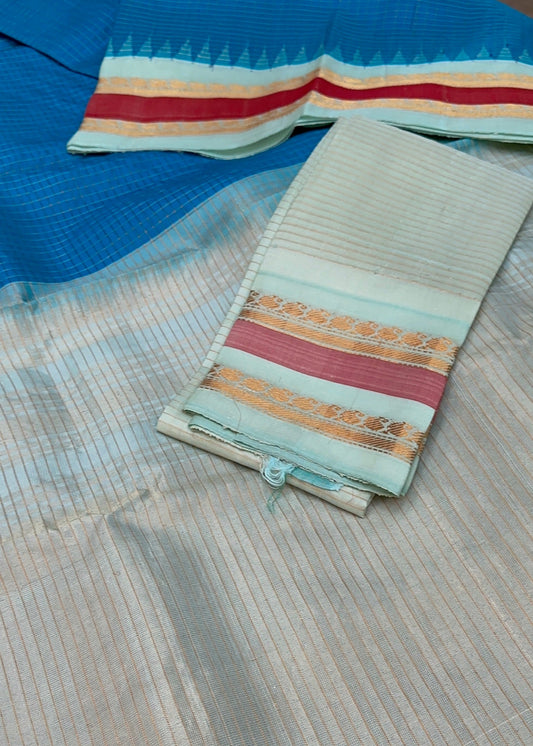 Celadon Blue Gadwal Pure Silk Pattu Saree with Rose Zari Borders
