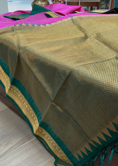 Rose Pink & Emerald Green Gadwal Pure Silk Pattu Saree
