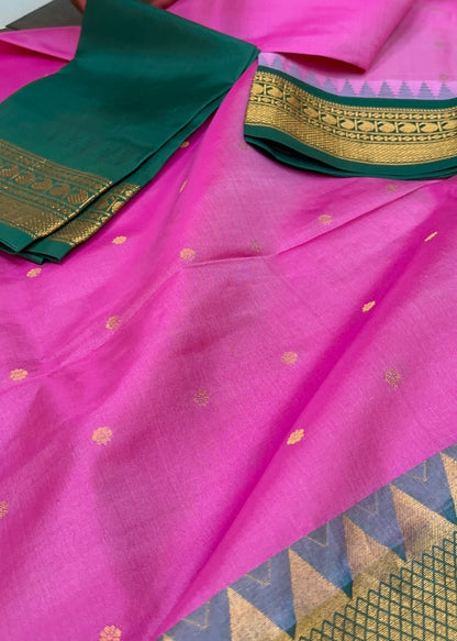 Rose Pink & Emerald Green Gadwal Pure Silk Pattu Saree