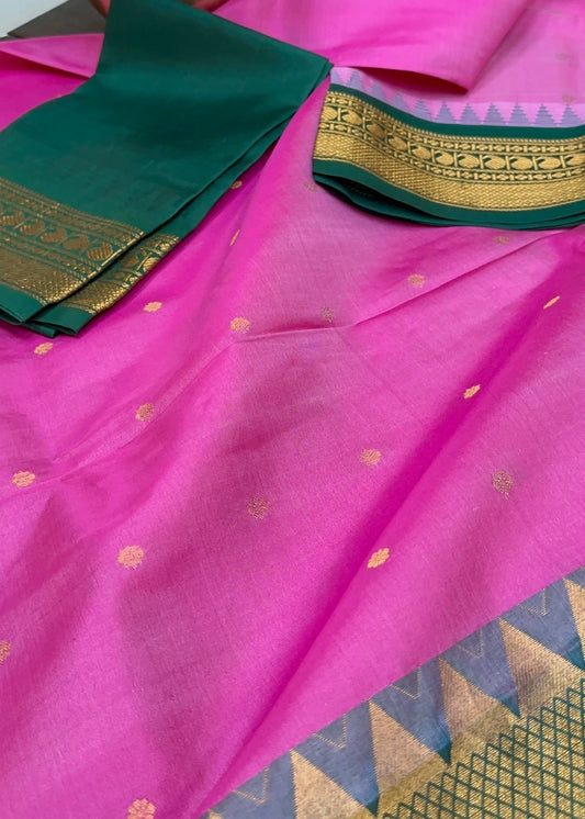 Rose Pink & Emerald Green Gadwal Pure Silk Pattu Saree