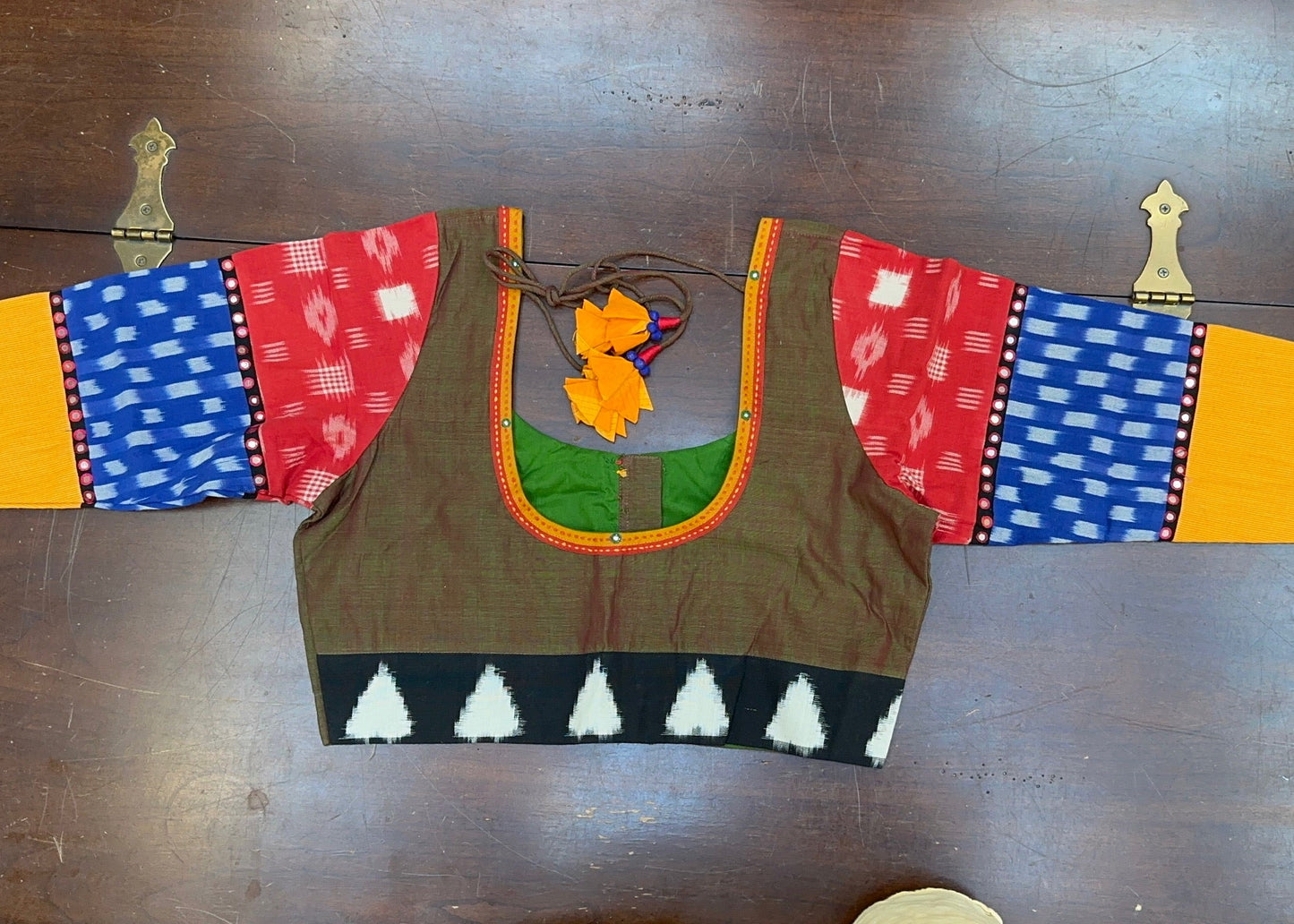 Handcrafted Ikat Designer handloom Blouse in Olive Green with Statement Sleeves